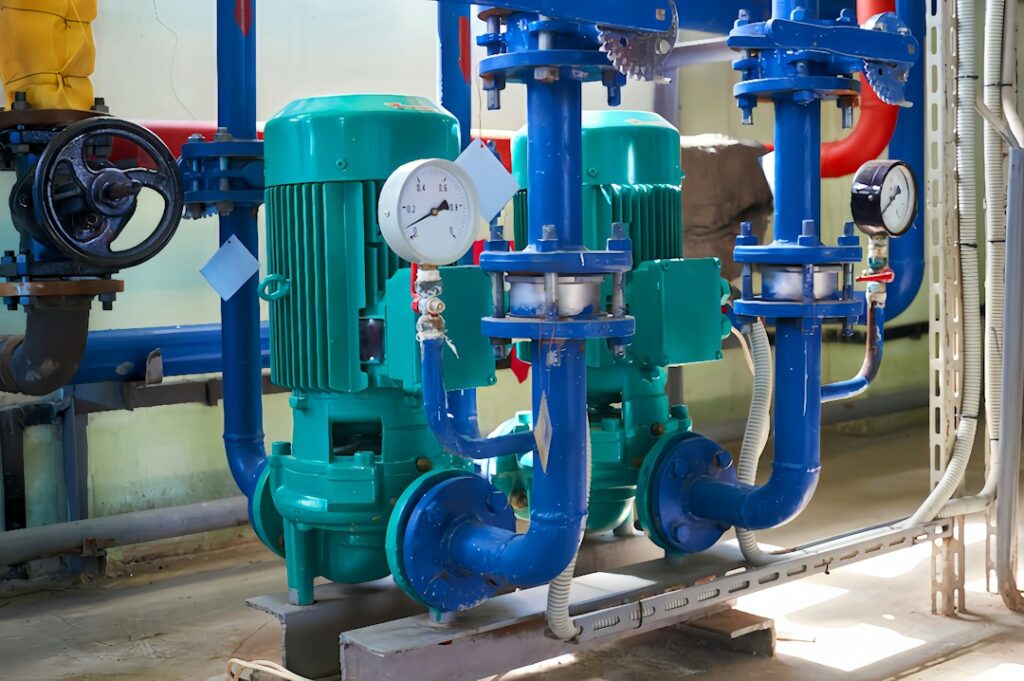 Industrial pump and motor connected to process piping with valves, gauges, and inspection equipment.