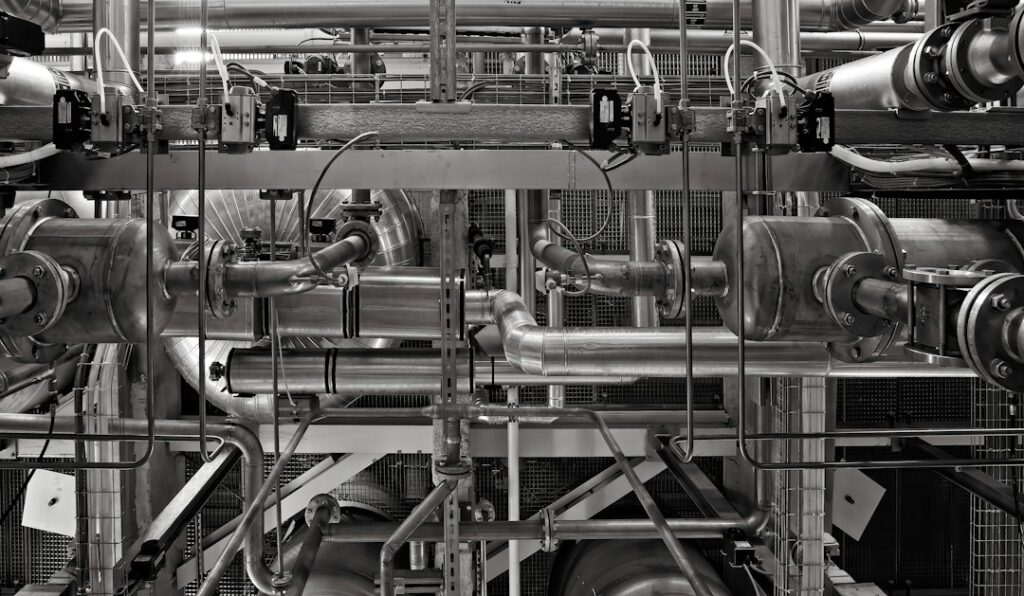 Industrial workers inspect insulated process pipes, valves, gauges, and structural supports inside a facility.